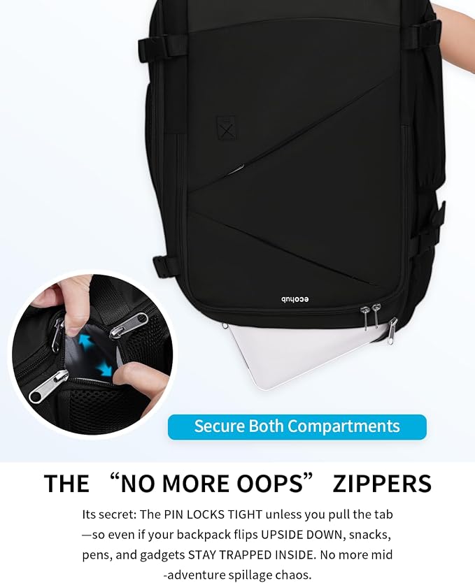 ECOHUB 17" Small Unisex Travel Backpack United Airline Approved 17x10x9 Friendly Suitcase Anti-Theft Lockable Zippers Style Personal Item Bag Travel Essentials with 12 Pockets Water Resistant, Black - Image 4
