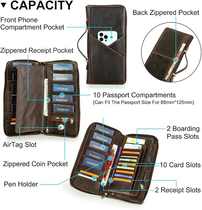 CONTACTS Family Passport Holder for 10 Full Grain Leather Compatible with Airtag Passport Holder for Family Travel Document Organizer Multiple Rfid Blocking Passport Wallet - Image 4