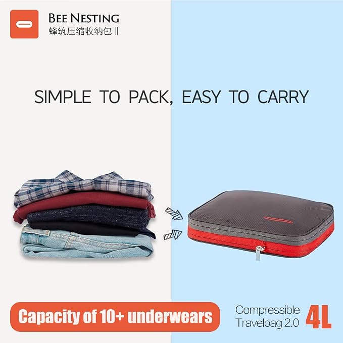 Bee Nesting BeeNesting Waterproof Compression Packing Cubes 5/6/8 sets, Large Travel Packing organizers for Carry on Luggage, 2 Sides Expandable Storage Bags (Blue Red, 4L) - Image 2