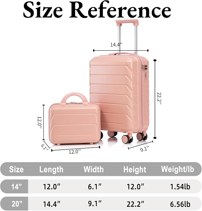 2-Piece ABS Hard Shell Lightweight Carry-On Luggage Set (14" & 20"), 360-Degree Spinner Wheels, Adjustable Telescopic Handle and Combination Lock for Travel, Pink - Image 7