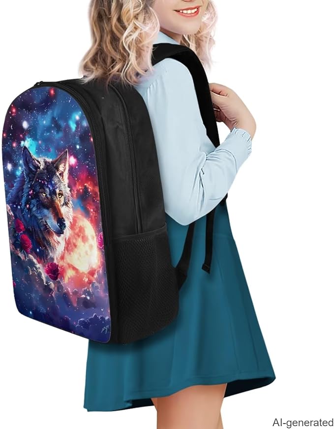 Galaxy Wolf Backpack for Girls Kids Backpack with Lunch Box Water Bottle Carrier and Aesthetic Pencil Case 4PCS Set Bookbag with Compartments for School 17 inch Large Capacity School Bag - Image 2