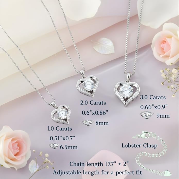 1-3 Carats Moissanite Heart Pendant Necklace for Women, Engraved with 'I LOVE YOU', Birthday Gift for Girlfriend, Anniversary Present for Wife, Jewelry Gifts for Christmas Valentine's Day