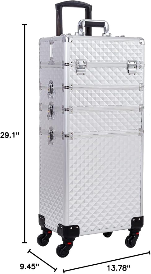 AROUS Rolling Makeup Train Case 4 in 1 Cosmetology Case on Wheels Large Storage Cosmetic Trolley with Key Salon Barber Case Traveling Cart Trunk, Silver - Image 10