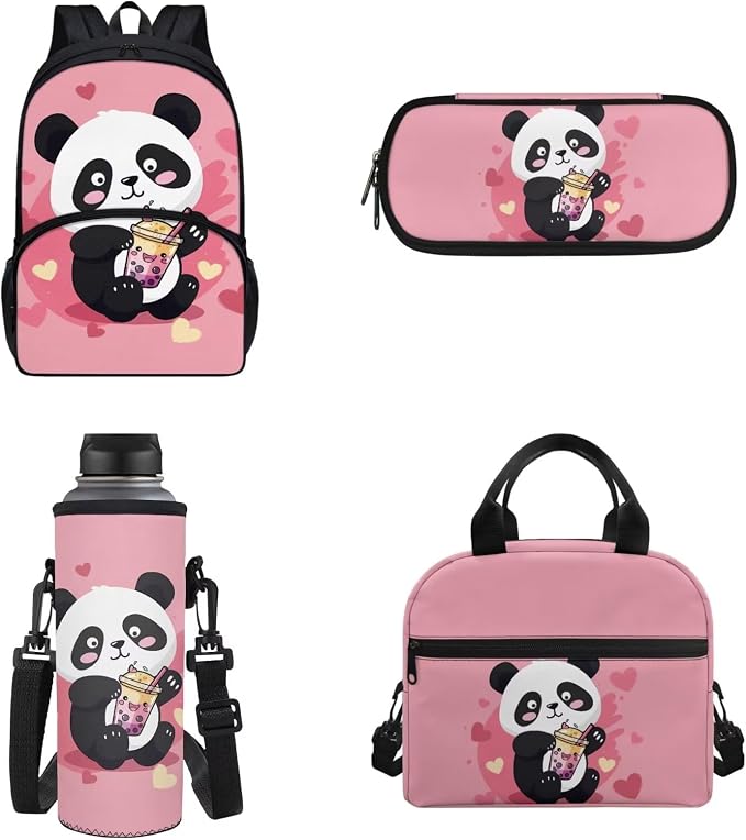 Panda Backpack for School,4Pack Cute Icecream PandaSchoolbag with Insulated Lunch Bag，Pencil Case,Bottle Holder Pouch for Girls,Toddler Backpack Elementary School Bookbag 17inch - Image 5