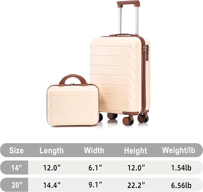 GDFStudio 14/20 Inch 2 Piece Luggage Set with Cosmetic Bag,ABS Hard Shell Spinner Suitcase with Combination Lock,360° Silent Wheels,Retractable Handle, Carry On Travel Luggage with Vanity Case,Beige - Image 2
