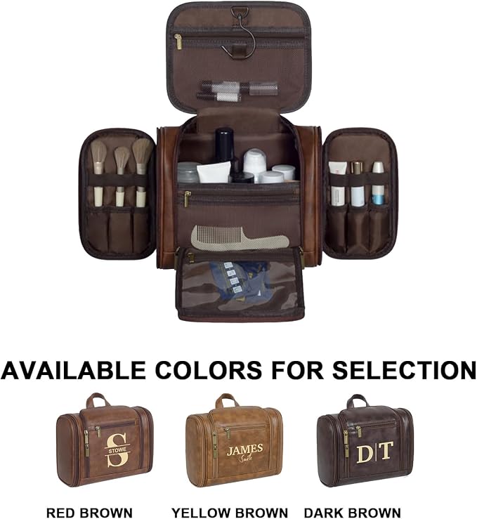 Personalized Leather Toiletry Bag, Brown, Three Layer Structure, Waterproof, Customizable Name Engraving, Travel Organizer for Men, Multi-Occasion Gift (UK1008) - Image 3