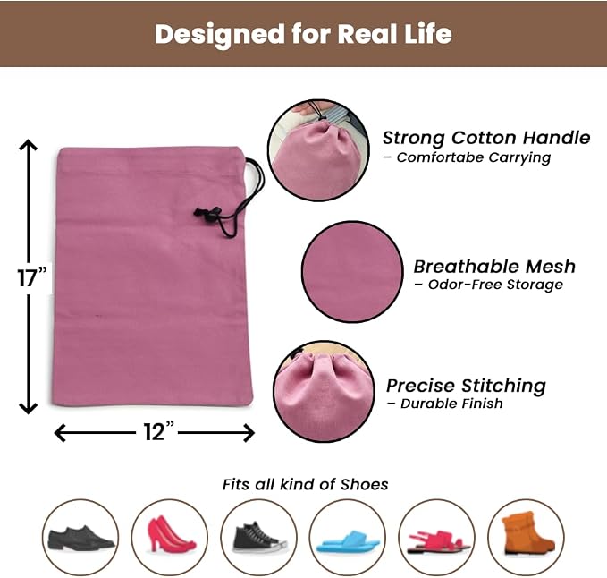 LFH Cotton Rich Shoe Storage Bags with Drawstring, Dustproof Breathable Reusable Organizer, Perfect For Travel, Dorm, Hotel, College, Gym, Easy to Carry, Machine Washable 12"x17" (Pack of 2) - Pink - Image 4