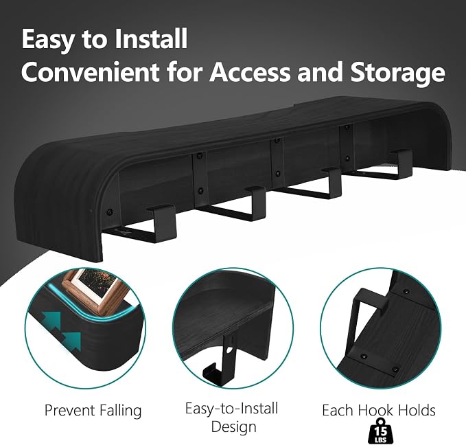 Coat Rack Wall Mount with Shelf 4 Hidden Hooks Modern Wooden Key Holder Entryway Organizer for Hallway Bedroom Bathroom Home Decor Storage for Hanging Coats Hats Bags Towels, Black - Image 4