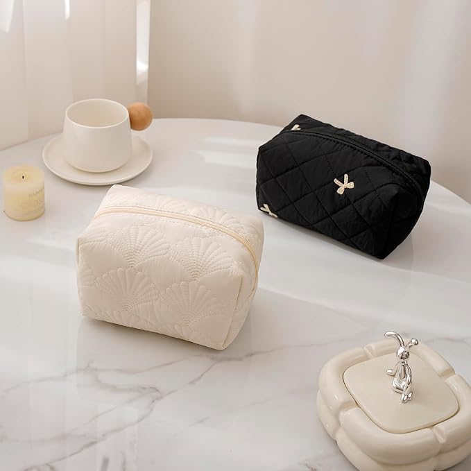RSRSLEII 2Pcs Quilted Cotton Coquette Makeup bag, Coastal Granddaughter Aesthetic Cosmetic Bag, Cute Seashell Portable Travel Toiletry Pouch (2Pcs White) - Image 7