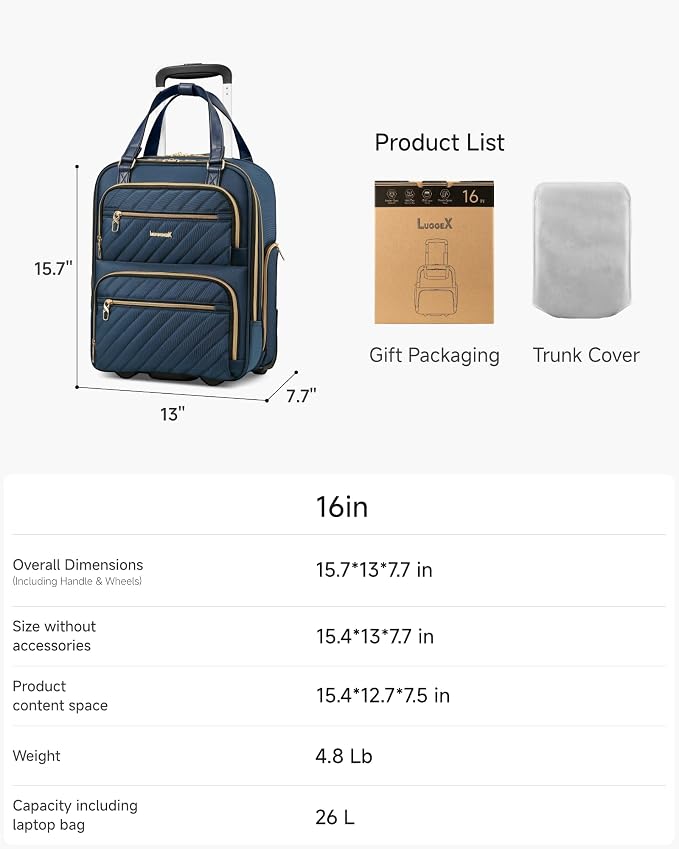 LUGGEX Underseat Carry On Luggage with Wheels, Stylish Lightweight Under Seat Luggage, Soft Sided Personal Item Suitcase for Short Trip (UX-Core, Blue, 16 Inch) - Image 7