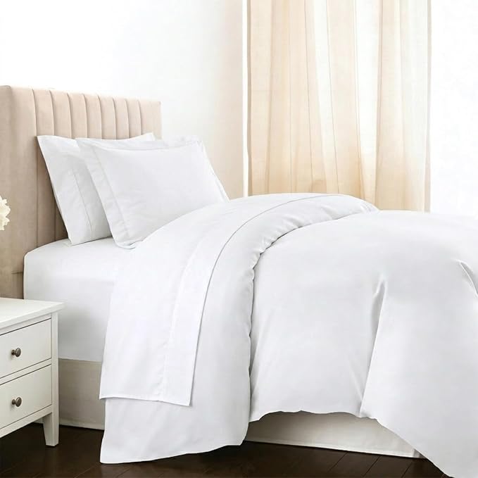 Pizuna Pure 100% Long-Staple Cotton Duvet Cover + Sheet Set Twin, Luxurious 400 Thread Count Long Staple Cotton, Soft Sateen Weave Bedding Set (White) by Pizuna