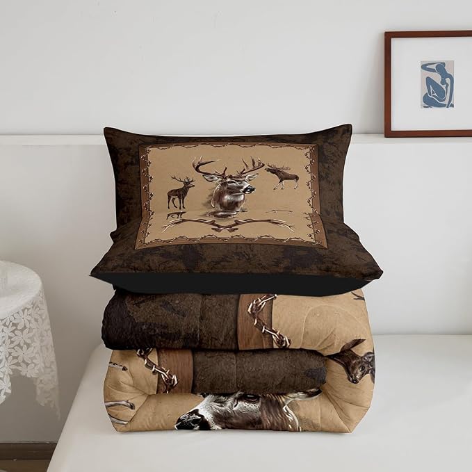Erosebridal Farmhouse Deer Comforter Sets for Kids Boys Girls Southwestern Bedding Set Twin Size Rustic Hunting Animal Quilt Moose Deer Down Comforter with 1 Pillow Sham Bedroom Decor - Image 6