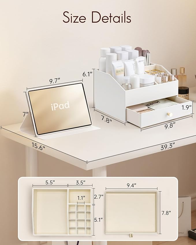 VLANDO Makeup Organizer,Vanity Organizer with Drawers, PU Leather Skincare Organizer Perfume Organizer,Large Cosmetic Display Case for Lipstick,Brushes Gifts for Women-White - Image 3