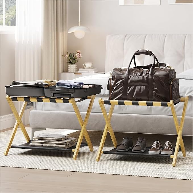Smart FENDEE 2 Pack Luggage Rack, Folding Luggage Rack for Guest Room, Bamboo Suitcase Stand Holds up to 131 lb, Luggage Stand with Storage Shelf for Hotel, Bedroom - Image 2