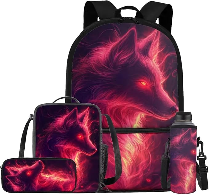 Galaxy Wolf Backpack for Girls Boys Backpack with Lunch Box Water Bottle Pouch and Big Pencil Pouch 4PCS Set Bookbag with Front Pocket 17" Lightweight School Bag for Kids Back to School Gifts by ELEDIZI