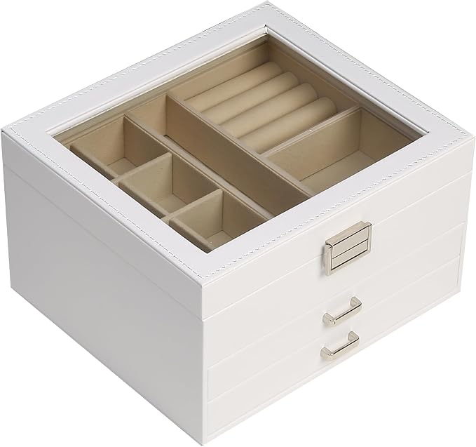 BOOVO Clear Lid Jewelry Box,3 Layers Jewelry Organizer Large Jewelry Storage Box with 2 Drawers,Jewelry Holder Organzier of Rings Earrings Necklace Bracelets for Women (White, 3 Layer) by BOOVO