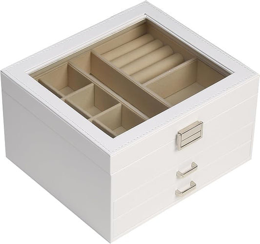 BOOVO Clear Lid Jewelry Box,3 Layers Jewelry Organizer Large Jewelry Storage Box with 2 Drawers,Jewelry Holder Organzier of Rings Earrings Necklace Bracelets for Women (White, 3 Layer) by BOOVO