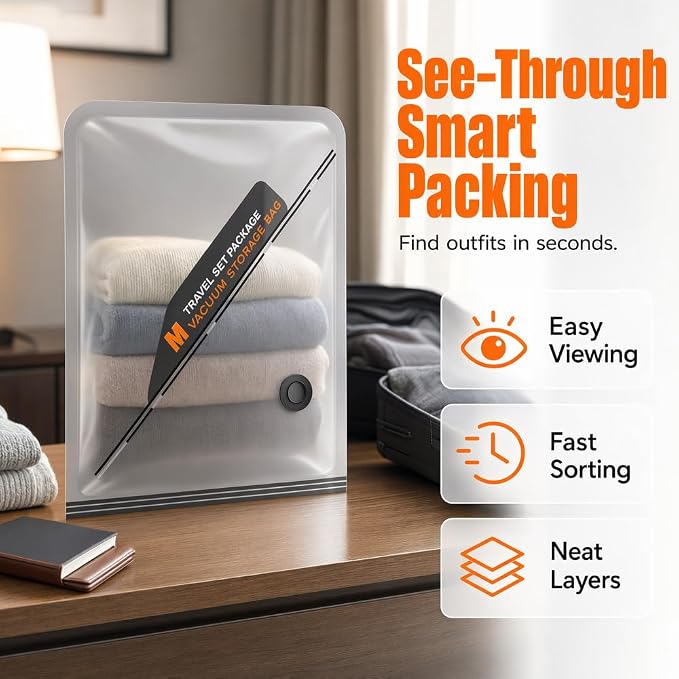 Cordless Travel Vacuum Storage Bags Set with Pump (Multicolor, S+M+L*2) | travel vacuum bags with pump - Image 4