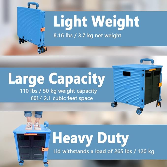 FELICON SELORSS Foldable Utility Cart Portable Rolling Crate-Light Blue | Durable,Heavy Duty,Plastic Box,Telescoping Handle,4 Rotate Wheels,Collapsible Handcart for Travel Shop Move Luggage Office - Image 3