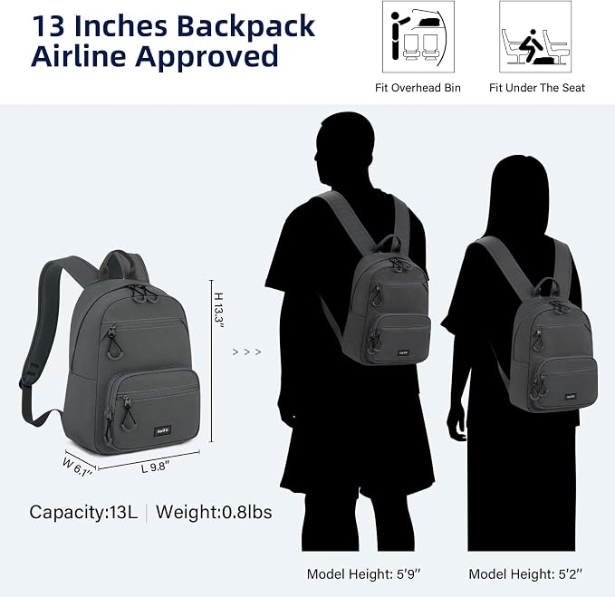 HanTrip Carry On Travel Backpack For Men Women, 13 Inch Small Mini Work Bag Personal Item Backpacks, Camping Back Pack Lightweight Hiking Daypack For Office Nurse Commuter (Dark Gray) - Image 2
