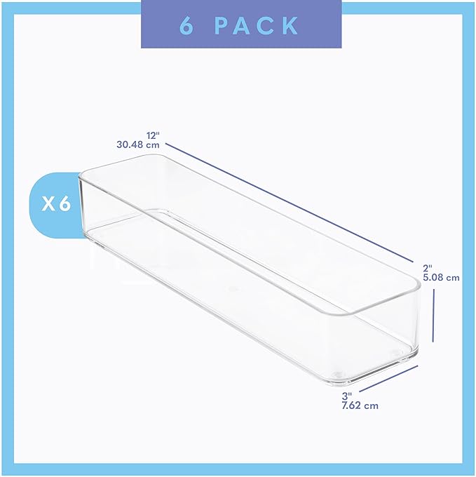 primebox Plastic Clear Drawer Organizers. Bathroom, Kitchen, Bedroom, Gadgets, Office Organizer Bins, Storage Trays. Heavy Duty, Stackable. 12" x 3" x 2" Set of 6 - Image 3