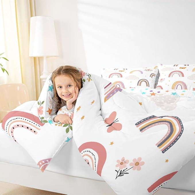 Erosebridal Rainbow Queen Bedding Sets for Girls,Cartoon Butterfly Comforter Set Flower Floral Bedding Set for Kids Girls Children Women,Stars Hand Drawn Rainbow Bedding Comforters Kawaii Room Decor - Image 6