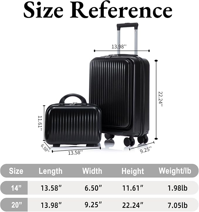 2 Pcs ABS Spinner Luggage Set - 14" Cosmetic Case & 20" Carry-On with Combination Lock, Front Opening Design, Black - Image 7