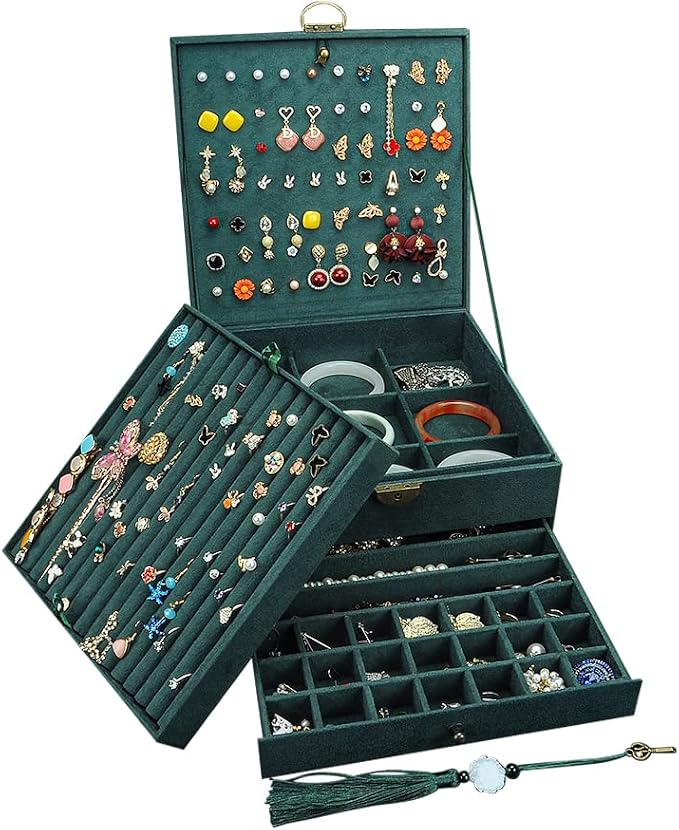 Jewelry Organizer 5 Layers Velvet Square Jewelry Box Women Necklace Ear studs Display Bangles Large Jewelry Storage Case Drawer GY306 (Green) by GYJOYERO