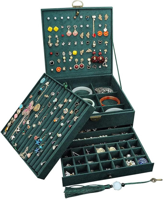 Jewelry Organizer 5 Layers Velvet Square Jewelry Box Women Necklace Ear studs Display Bangles Large Jewelry Storage Case Drawer GY306 (Green) by GYJOYERO