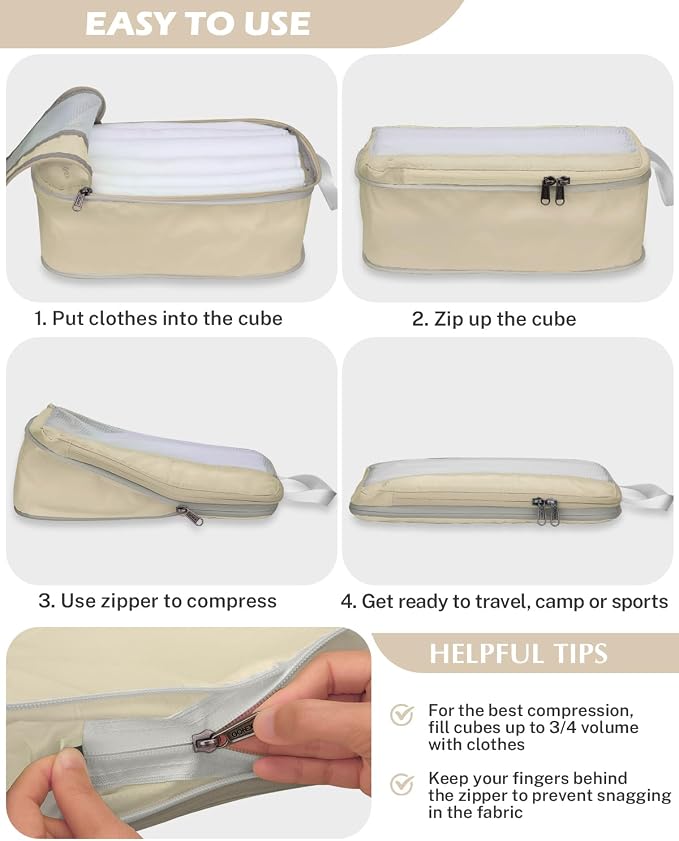 Gonex 8 Set Expandable Mesh Packing Cubes for Travel Essentials, Compression Organizer with Toiletry, Laundry, Shoe, Cable Bags - Beige - Image 4