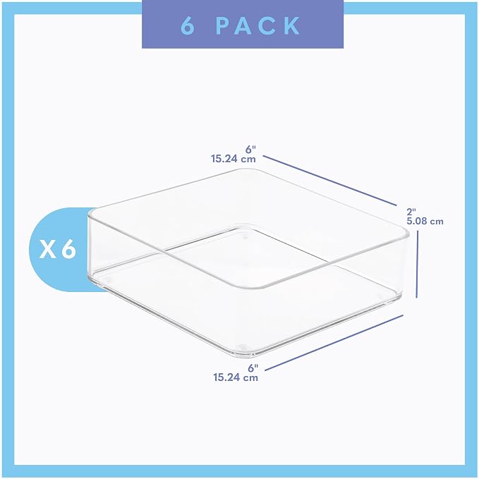 primebox Plastic Clear Drawer Organizers. Bathroom, Kitchen, Bedroom, Makeup, Office Organizer Bins, Storage Trays. Heavy Duty, Stackable. 6" x 6" x 2" Set of 6 - Image 3