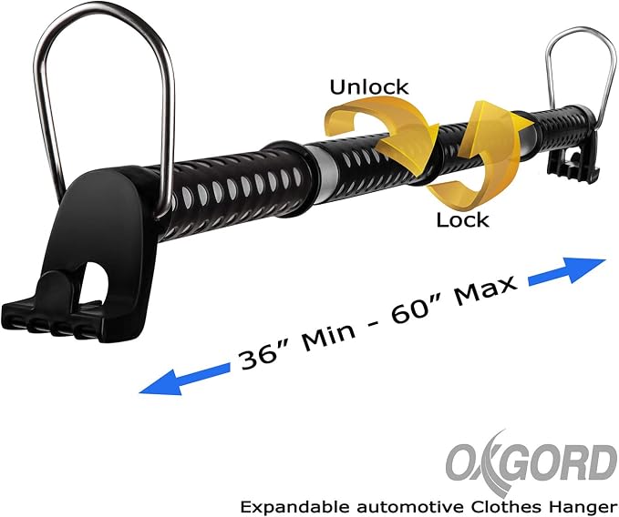 Car Clothes Hanger Bar Auto Rod Automobile Hanging Coat Rack for Garment Cloths - Best for Travel Back-Seat Laundry Wardrobe Vehicle Clothing in Cars Truck RV SUV Hook Hangers - Expandable 36" to 60" - Image 2