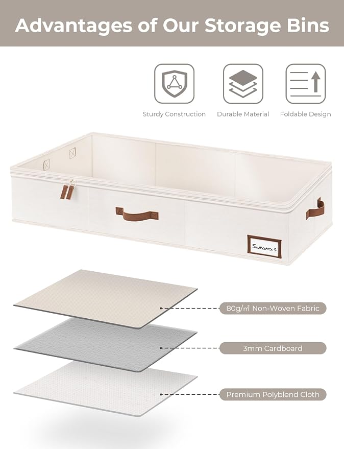 StorageWorks Large Under Bed Storage Containers with Handles and Label Holder, 2 Pack Ultra-thick Fabric Underbed Bins, Closet Organizer for Clothes, Blankets, Sweater - Image 5