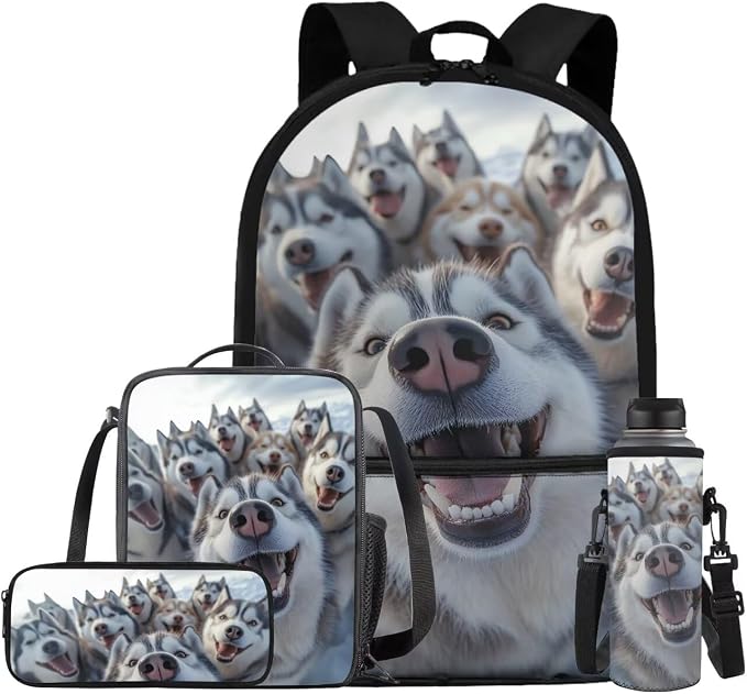 Husky Dog Backpack for School Boys Backpack with Lunch Box Water Bottle Carrier and Soft Pencil Pouch 4PCS Set Lightweight Bookbag with Front Pocket 17 inch Large Capacity School Bag for Kids by ELEDIZI