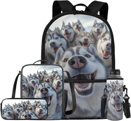 Husky Dog Backpack for School Boys Backpack with Lunch Box Water Bottle Carrier and Soft Pencil Pouch 4PCS Set Lightweight Bookbag with Front Pocket 17 inch Large Capacity School Bag for Kids by ELEDIZI