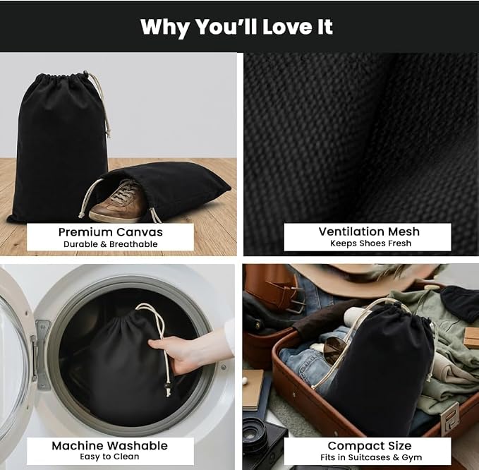 LFH Cotton Rich Shoe Storage Bags with Drawstring, Dustproof Breathable Reusable Organizer, Perfect For Travel, Dorm, Hotel, College, Gym, Machine Washable 8"x17" (Pack of 2) - Black sand - Image 3