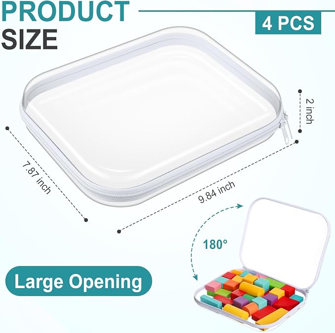 Hoolerry 4 Pcs Hard Clear Zipper Case Makeup Bags Plastic Zipper Pouch Transparent Storage Box Containers for Cosmetics, Snacks, Building Blocks, Puzzles(Clear,9.8 x 7.9 x 2 in,White) - Image 2