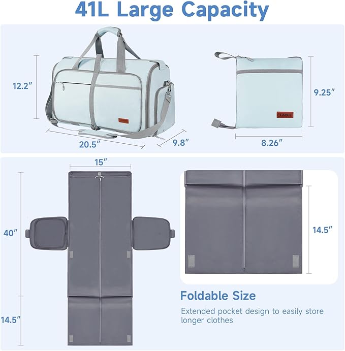 ‌Ytonet Foldable Garment Duffle Bags for Travel, Carry On Convertible Duffel Bag with Shoe Compartment & Water Resistant Fabric, 2-in-1 Hanging Suit Organizer, Mint Green - Image 2