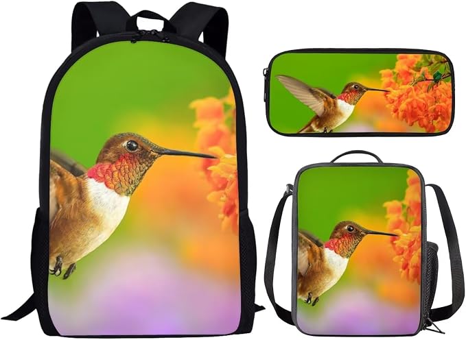 Girls Boys School Backpack with Lunch Box Pencil Case Comfy Padded Lightweight Hummingbird Backpack Set Kids Cute Bookbag Insulated Lunch Bag Student Large Capacity Daypack 17 Inch - Image 2