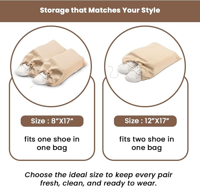 LFH Cotton Rich Shoe Storage Bags with Drawstring, Dustproof Breathable Reusable Organizer, Perfect For Travel, Dorm, Hotel, College, Gym, Easy to Carry, Machine Washable 8"x17" (Pack of 6) - Natural - Image 5
