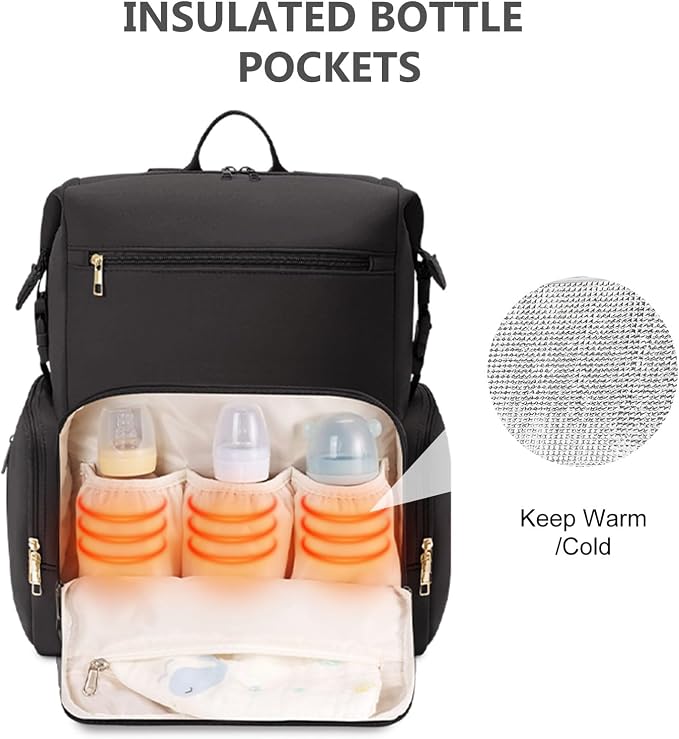 CEI-CEI Neoprene Diaper Bag Backpack with Changing Pad, Large Newborn Baby Maternity Bags Travel Tote with Insulated Pockets (Black) - Image 2