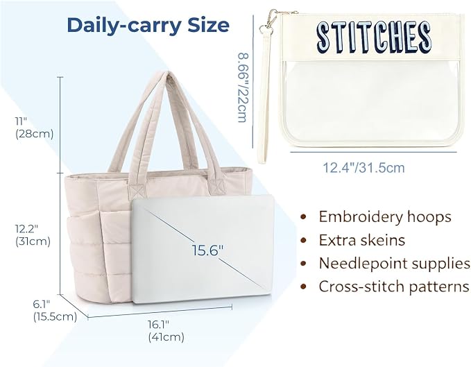 Needlepoint (NDLPT) Tote Bag & Clear Stitching Zipper Pouch Set (Beige) | Lightweight Puffy Project Bag for Embroidery Sewing Craft Storage Organizer – Gifts for Stitchers - Image 2