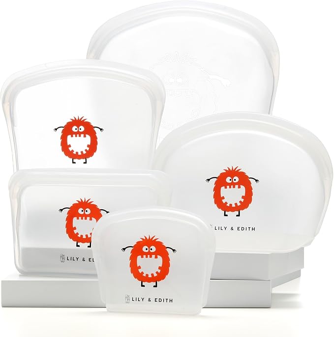 LILY & EDITH Monster Silicone Reusable Snack Sandwich Lunch Food Bag Gift Sets, Leakproof, Airtight, Dishwasher & Microwave & Freezer Safe, Portable,Multipurpose, Adults (White, 5 Pack) by LILYEDITH
