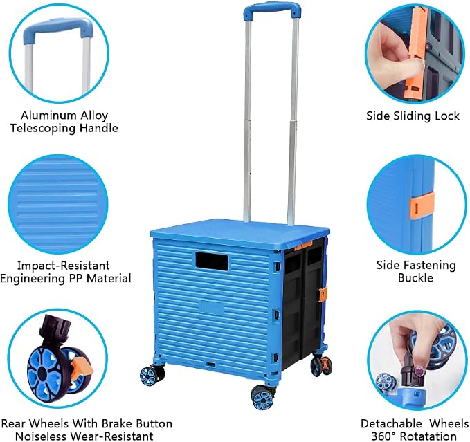 FELICON SELORSS Foldable Utility Cart Portable Rolling Crate-Light Blue | Durable,Heavy Duty,Plastic Box,Telescoping Handle,4 Rotate Wheels,Collapsible Handcart for Travel Shop Move Luggage Office - Image 2