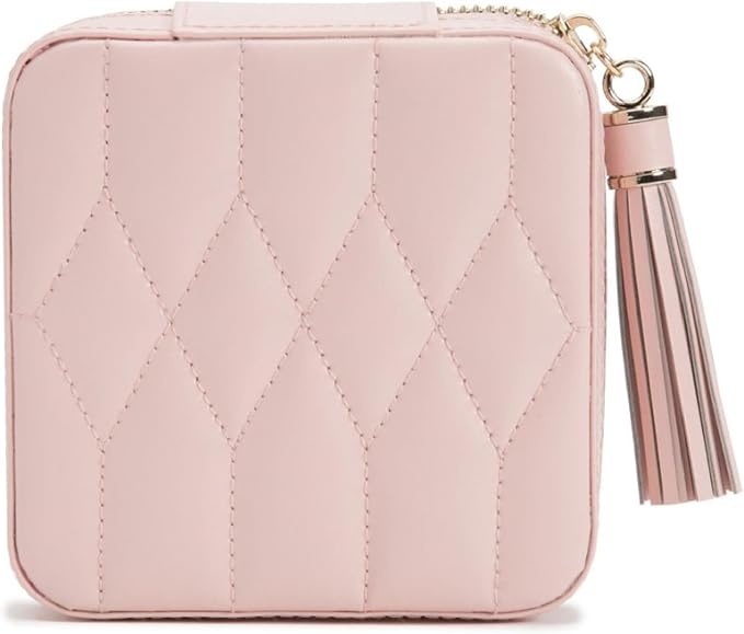 WOLF Caroline Zip Travel Case, Rose Quartz - Seven Ring Rolls, Four Compartments, Three Necklace Hooks & Pocket - Anti-Tarnish LusterLoc Lining by WolfDesigns