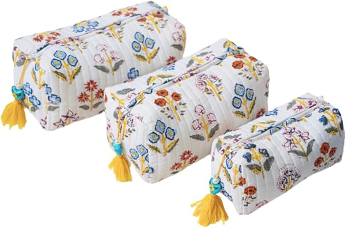 Saffron Marigold Quilted Makeup Bag Set of 3, Hand Block Printed Cotton Cosmetic Bags for Women, Waterproof Lined Travel Toiletry Bag, Coquette Floral Aesthetic, Handmade Gift, Wildflower Fields by SaffronMarigold
