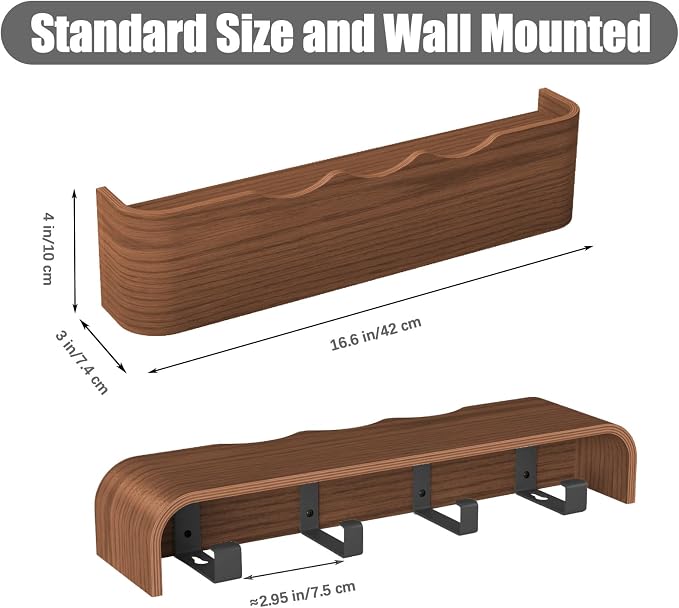 Coat Rack Wall Mount with Shelf 4 Hidden Hooks Modern Wooden Key Holder Entryway Organizer for Hallway Bedroom Bathroom Home Decor Storage for Hanging Coats Hats Bags Towels, Wave-Shape Walnut - Image 3