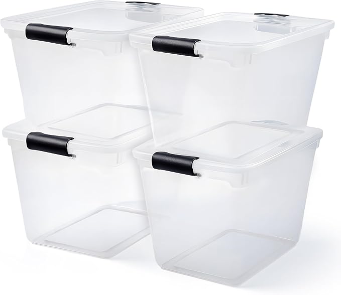 HOMZ 4-Pack 31 Quart Latching Lid, Clear Plastic Storage Organizer Bins, Gray – Stackable Containers for Home & Office Shelves, Kitchen, Garage, and Bathroom Organization - Image 2
