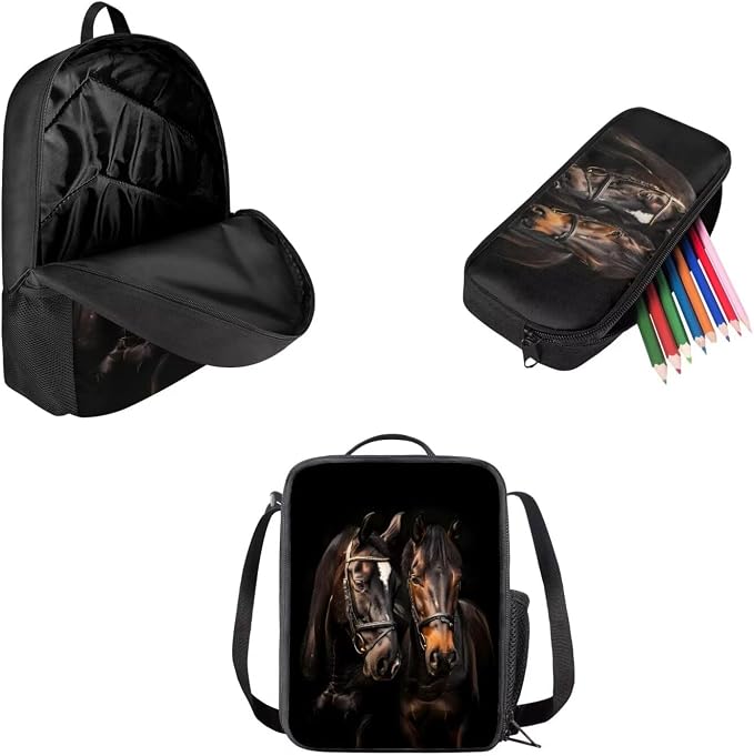 Mumeson Brown Horse 3 in 1 Backpacks Set Large Capacity Bookbag Schoolbags Rucksack with Lightweight Lunch Bag Mini Pencil Case,Lightweight Bookbag Set for Student - Image 2