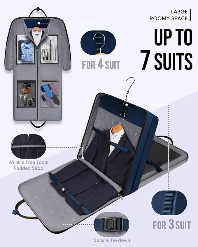 MATEIN Suit Bag Travel, Large Travel Garment Bag Up to 7 Suits with Strap, Business Foldable Garment Carrier Fit 17.3 inch laptop, 2 in 1 Carry On Hanging Luggage Suitcase with Shoe Compartment, Blue - Image 2